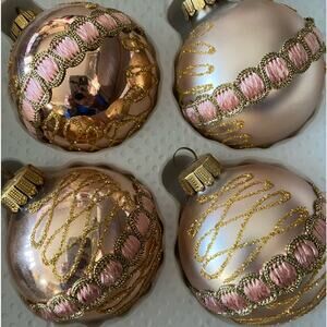 West German Gold Glass Pink Ribbon Glitter Strands Hand made Vintage Ornaments